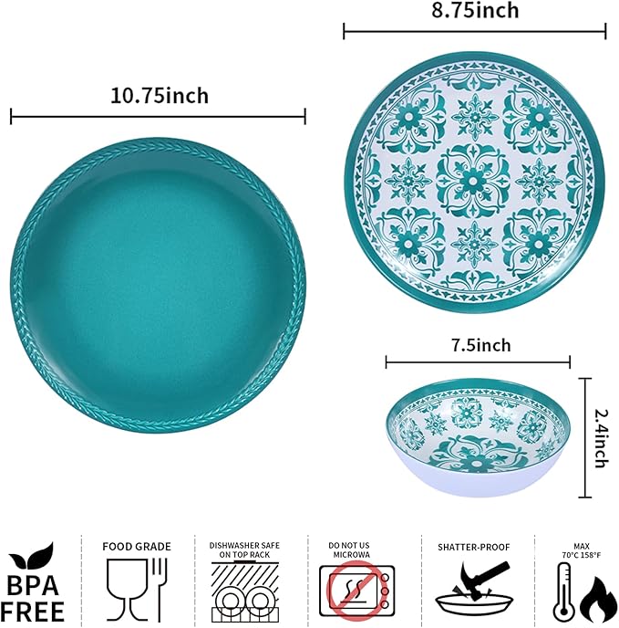 Webbylee Melamine Dinnerware Set12-Piece Plate and Bowl SetsUnbreakable Dish Set Service for 4–Dishwasher Safe&ampLightweight DishesGreen Dinnerware for Indoor/Outdoor Use Gift