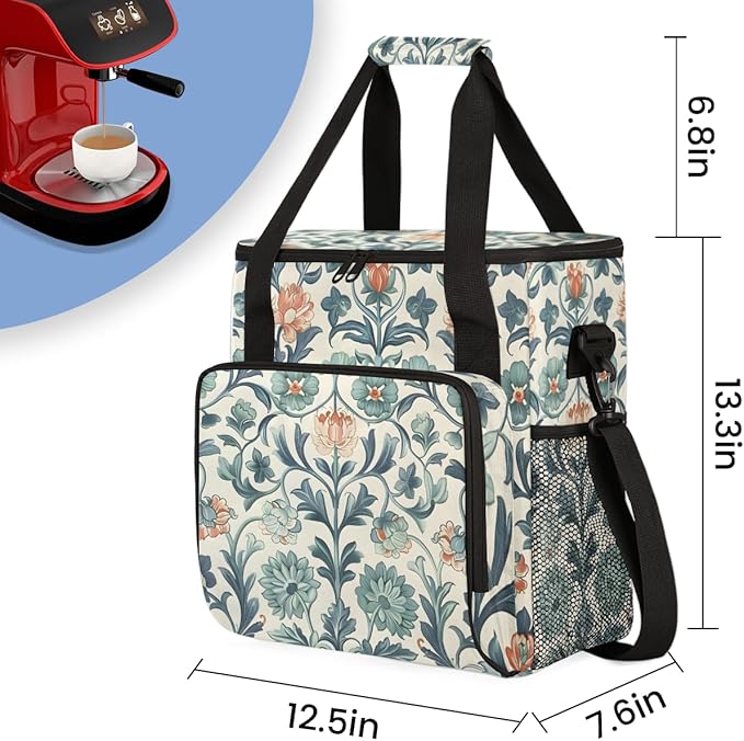 Exquisite Flowers Coffee Maker Carrying Bag Portable Travel Storage Tote Bag Compatible with K-Mini or K-Mini Plus Single Serve Coffee Brewer Carrying Case with Multiple Pockets &amp Shoulder Strap