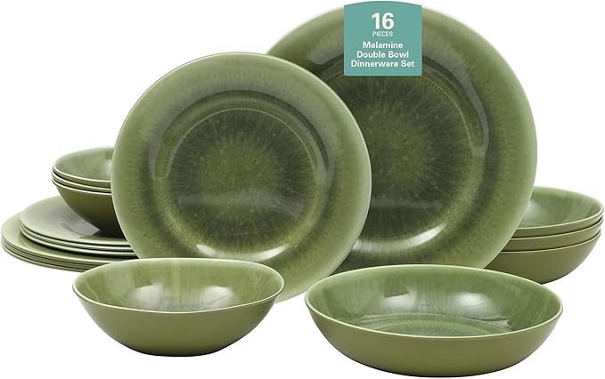 Gibson Home Casper Court 16-Piece Melamine Dinnerware Set – Green Reactive Glaze Look Plates and Bowls Service for 4 – Top Rack Dishwasher Safe Everyday Dining Set
