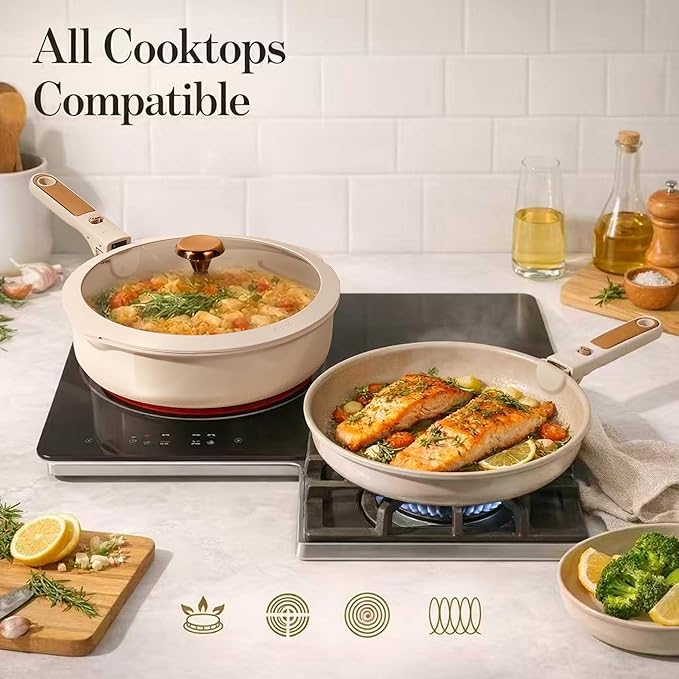 CAROTE 18Pcs Ceramic Cookware Set with Detachable Handle Pots and Pans Set Non Stick Non Toxic Cookware Set Removable Handles Induction Kitchen Cookware Sets Dishwasher/Oven Safe