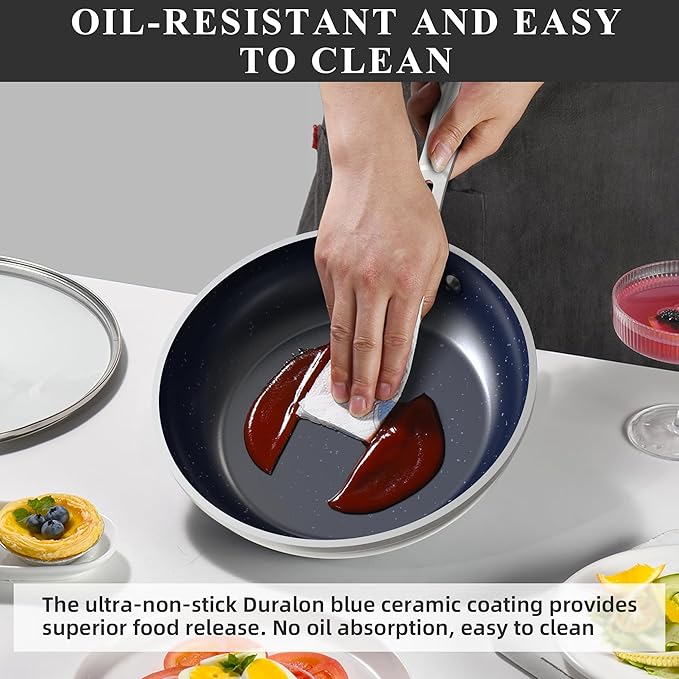 Nuwave Healthy Duralon Blue Ceramic Nonstick Cookware Set Diamond Infused Scratch-Resistant PFAS Free Dishwasher &amp Oven Safe Induction Ready &amp Evenly Heats Tempered Glass Lids &amp Stay-