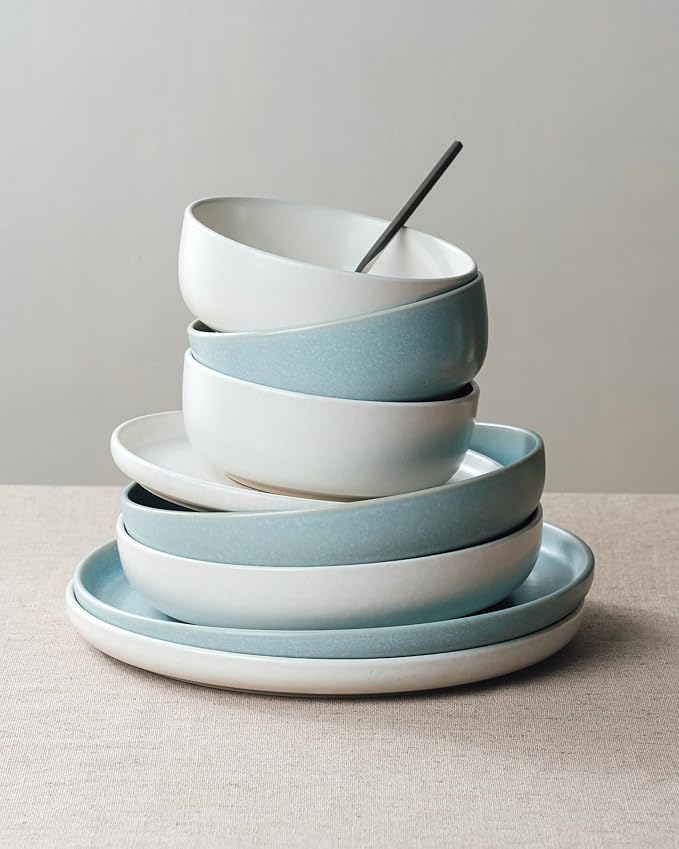 Famiware Milkyway Plates and Bowls Sets 12 Pieces Dinnerware Sets Reactive Glaze Dish Set Stoneware Dishes Set for 4 Matte Beige White &amp Light Blue