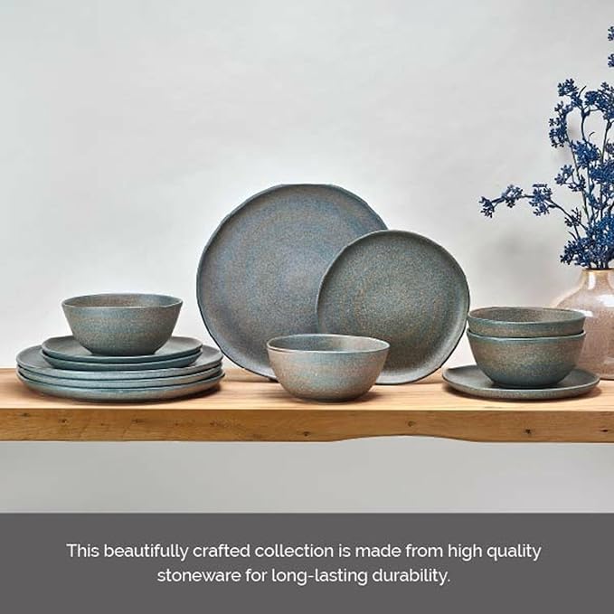 Mikasa Benson 12 Piece Stoneware Dinnerware Set Service for 4 Plate and Bowl Modern with Organic Freeform Shape for Everyday Dining Blue
