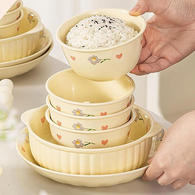 Kitchen Plate and Bowl Set 19 Pieces Dining Ware Set Reusable Dish Sets Thick and Anti-Scald Dinnerware Sets for 4 Steamable Bakeable and Microwavable Underglaze Color Technology Health and Safety