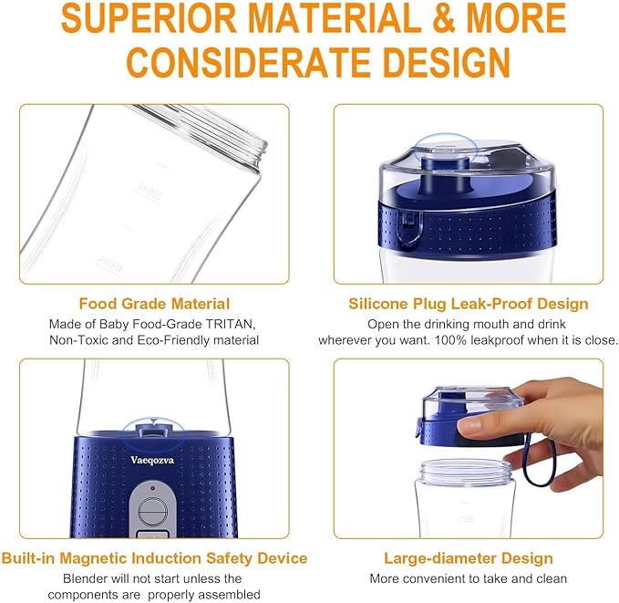 Portable Blender Vaeqozva USB Rechargeable Smoothie on the Go Blender Cup with Straws Protein Shakes Fruit Mini Mixer for Home Sport Office Camping - Navy Blue