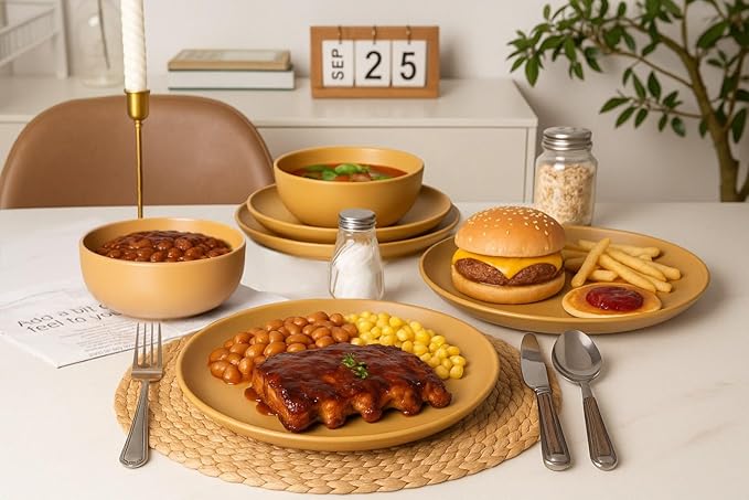 12-Piece Stoneware Dinnerware Set Microwave and Dishwasher Safe Stackable Matte Glaze Plates and Bowls 10 Inch Dinner Plate 7.5 Inch Salad Plate 5.9 Inch Cereal Bowl for Family Meals