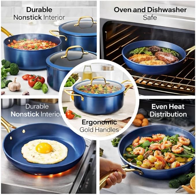 Alpine Cuisine 14-Piece Forged Aluminum Cookware Set with Stainless Steel Handles Induction-Ready Pots &amp Pans Glass Lids with Silicone Rim Blue