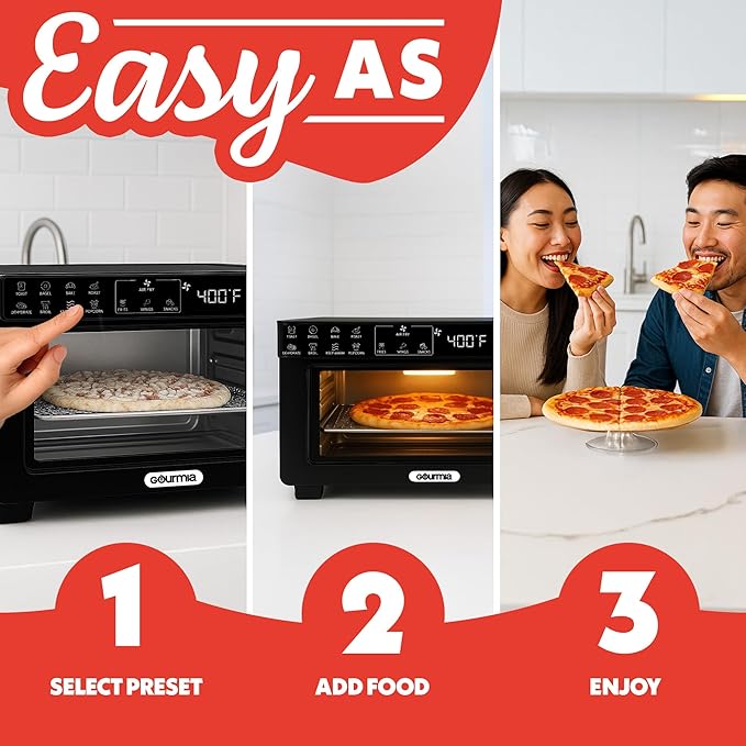 Gourmia Toaster Oven Digital Air Fryer - Convection Mode with 4 Slice Capacity 3 Rack Positions 12 Presets Toast Bagel Bake Roast Broil Dehydrate Popcorn Fits 9 Pizza Black