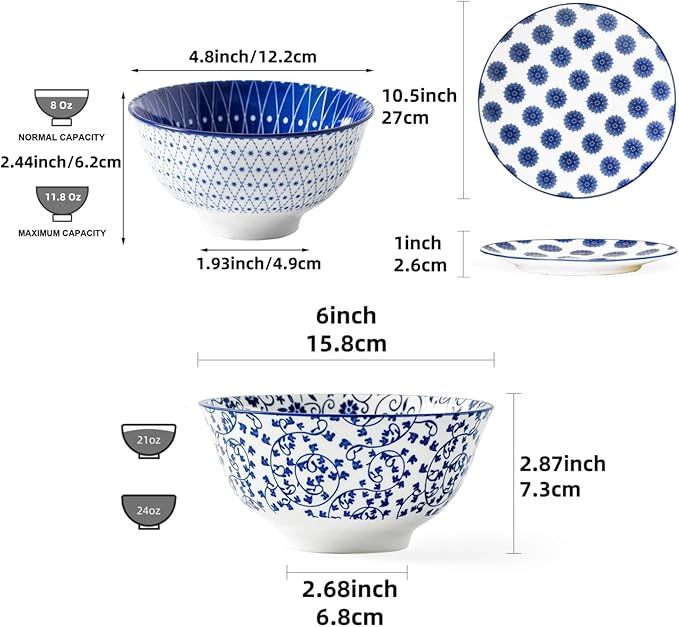 18 Pieces Ceramic Dinnerware - 12 Oz Dessert Bowls and 10.5 Inch Dinner Plates and 24 Oz Cereal Bowls Sets - Service for 6 - Vintage Blue