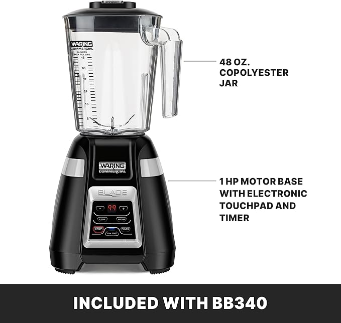 Waring Commercial BB340 Blade 1 HP Blender 2-Speed Key Pad with Pulse and 99 Second Countdown Timer  48 oz BPA Free Copolyster Container 120V 5-15 Phase Plug Black