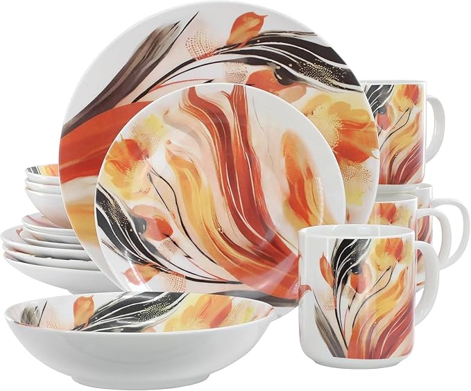 16‑Piece Porcelain Dinnerware Set with Floral Design – Round Plates Bowls and Mugs Microwave &amp Dishwasher Safe Tableware for 4 (Multi Color)
