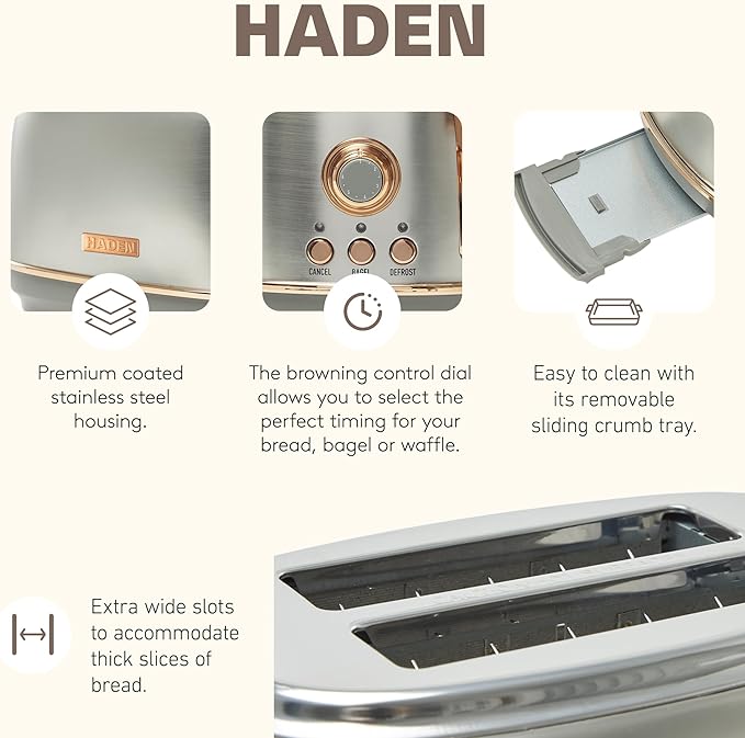 Haden Heritage 4 Slice Wide Slot Stainless Steel Toaster Bundled with 1.7 Liter Stainless Steel Electric Water Kettle Steel &amp Copper