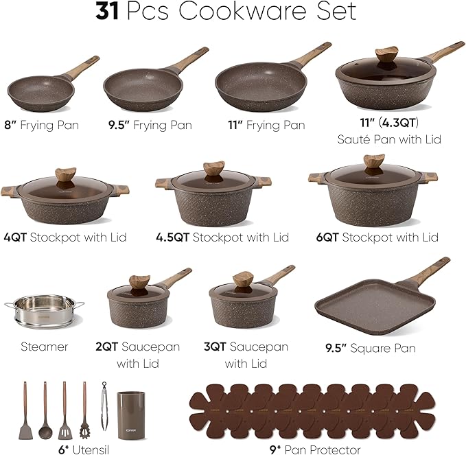 CAROTE 31pcs Pots and Pans Set Non Stick Cookware Set Pots and Pans Induction Cook Ware Nonstick Kitchen Cooking PFOA Free