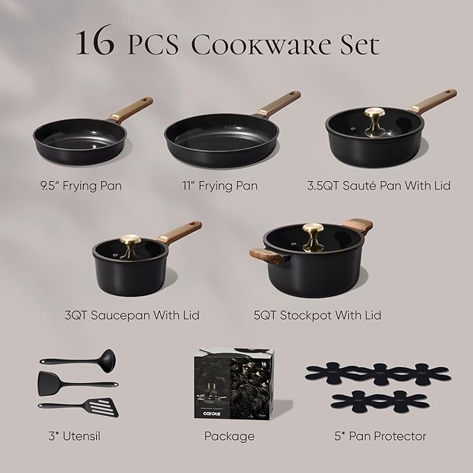 CAROTE Ceramic Cookware Set Nonstick 16pcs Pots and Pans Set Nonstick Non-Toxic &amp PFAS-Free Dishwasher RV/Camping Cookware Set Cooking Pots with Lids Charcoal Black