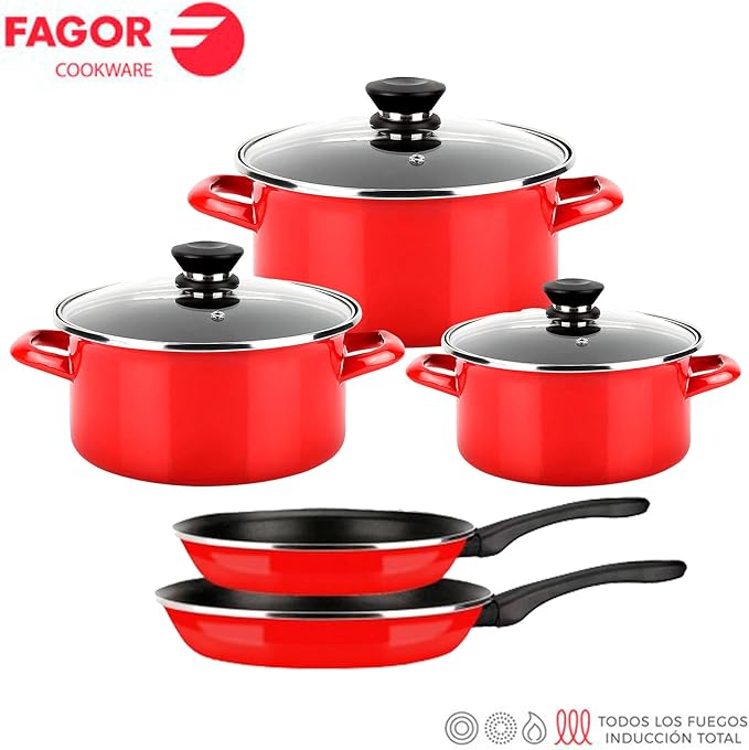 Fagor Optimax Induction Saucepan Set 8-Piece Set 3 Cooking Pots 18-20-24 cm 3 Glass Lids 2 Frying Pans 20-24 cm Enamelled Steel Non-Stick Coating without PFOA Suitable for All Types of Cookers