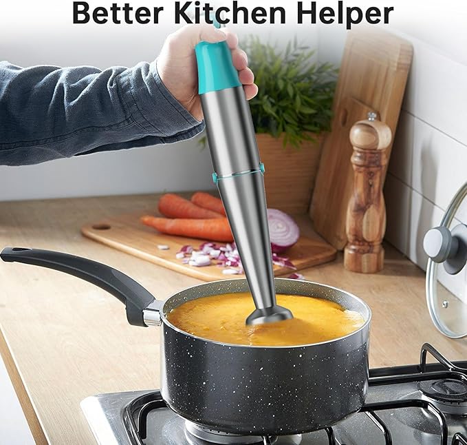 Immersion Blender Handheld Corded Hand Blenders Set 1100W Trigger Variable Speed 5 in 1 Stick Emulsifier with Chopper Whisk and Frother for Soup Baby Food and Smoothies Cyan Blue