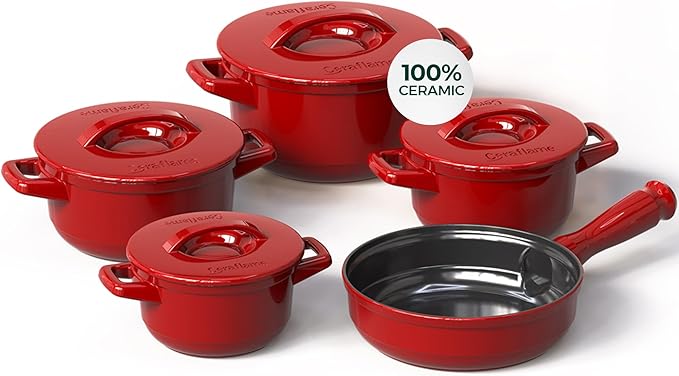 Pure Ceramic Healthy Non Toxic Cookware Set - Oven Safe Up to 1200F Microwave and Dishwasher Safe Longlasting and Lightweight - PFAS PTFE PFOA PFOS - Tomato Red