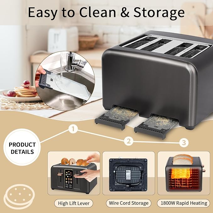 SEEDEEM Toaster 4 Slice Full Touch control Toaster LCD Display 6 Bread Type 7 Shade Settings 1.4''Wide SlotsMore Time Function Removable Crumb Tray 1800W Dark Metallic