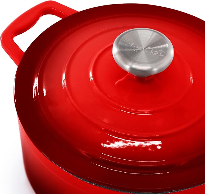 MegaChef 7 Piece Enameled Cast Iron Cookware Set in Red