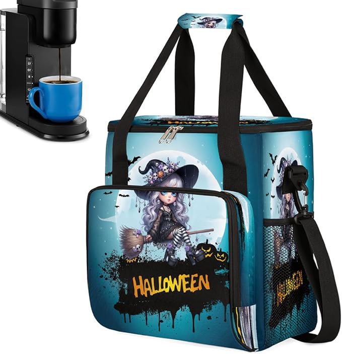 Halloween Pretty Witch Moon Coffee Maker Carring Bag Travel Carrying Storage Tote Bag Compatible with Keurig K-Mini or K-Mini Plus Portable Single Serve Coffee Brewer Case with Pockets for K-cup Pods