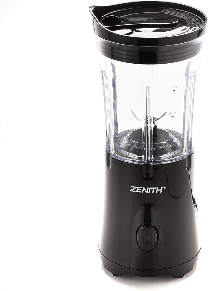 Zenith Portable Blender for Shakes and Smoothies with 14 Oz BPA Free Travel Cup and Lid Durable Stainless Steel Blades for Powerful Blending Performance Black (77406)