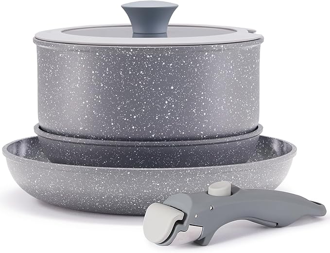 Gray Non Stick Pot and Pan Set with Removable Handle Ceramic Cookware Set Detachable Handle 5pcs Induction Kitchen Camping Stackable Pots Pans Dishwasher/Oven Safe PTFE/PFAS/PFOA Free