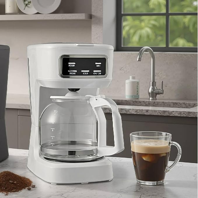 12 Cup Programmable Coffee Maker with Glass Carafe LED Display White