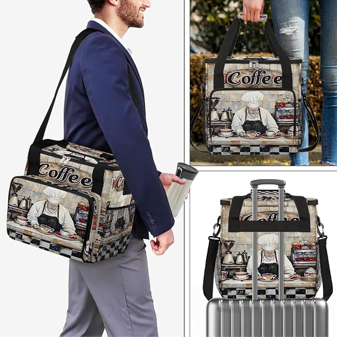 cfpolar Coffee Chef Pattern Coffee Maker Carrying Bag Coffees Machine Travel Storage Bag Compatible with K-Mini or K-Mini Plus Portable Single Serve Coffees Brewer Case with Pockets for K-Cup Pods
