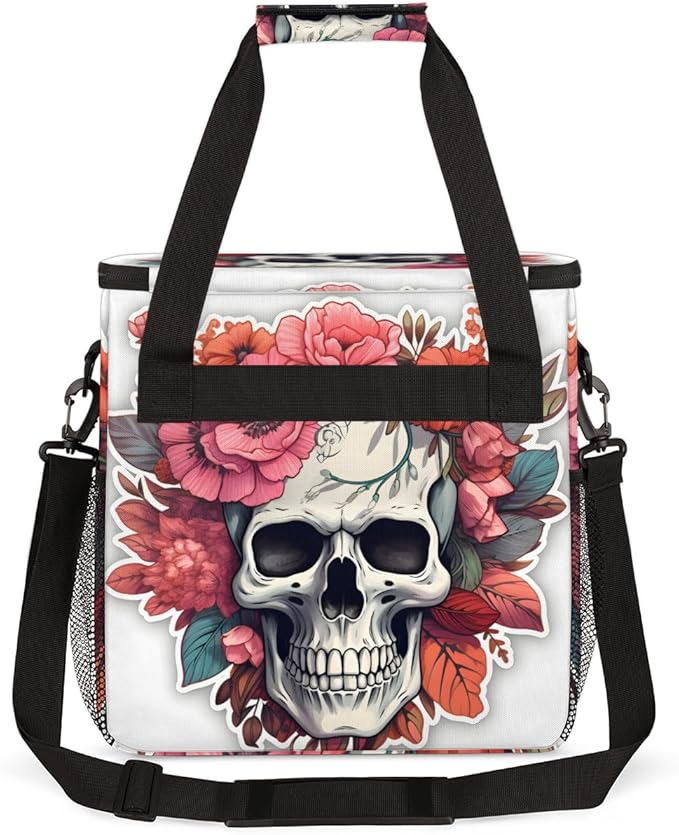Skull Floral Coffee Maker Carrying Bag Portable Travel Storage Tote Bag Compatible with K-Mini or K-Mini Plus Single Serve Coffee Brewer Carrying Case with Multiple Pockets &amp Shoulder Strap