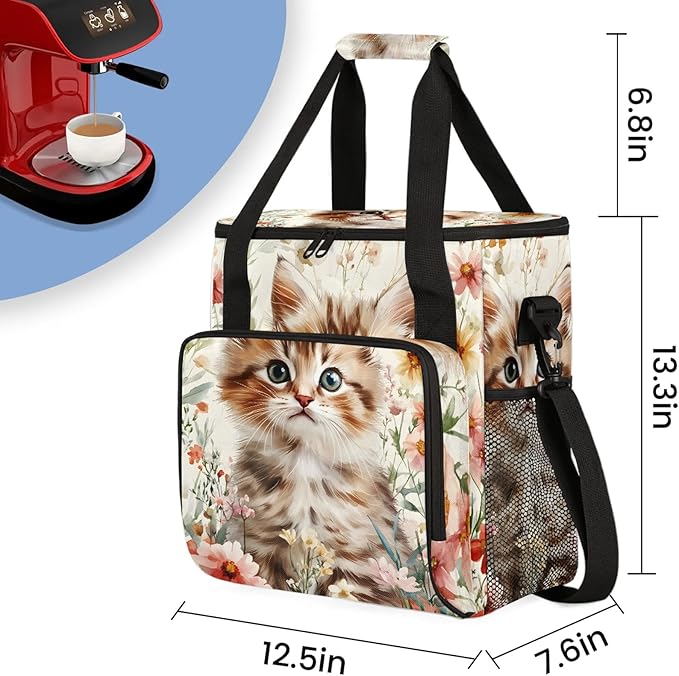 Cat Floral Coffee Maker Travel Bag Cute Cat Insulated Grocery Bag Travel Picnic Leakproof Cooler Bags With Shoulder Strap