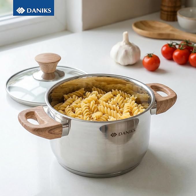 Daniks Oslo 6-Piece Stainless Steel Cookware Set with Glass Lids Tri-Ply Bases for Even Heating Induction Compatible Dishwasher Safe Bakelite Handles