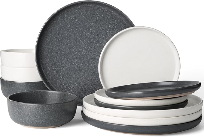 Famiware Milkyway Plates and Bowls Sets 12 Pieces Dinnerware Sets Reactive Glaze Dish Set Stoneware Dishes Set for 4 Matte Beige White &amp Matte Dark Charcoal