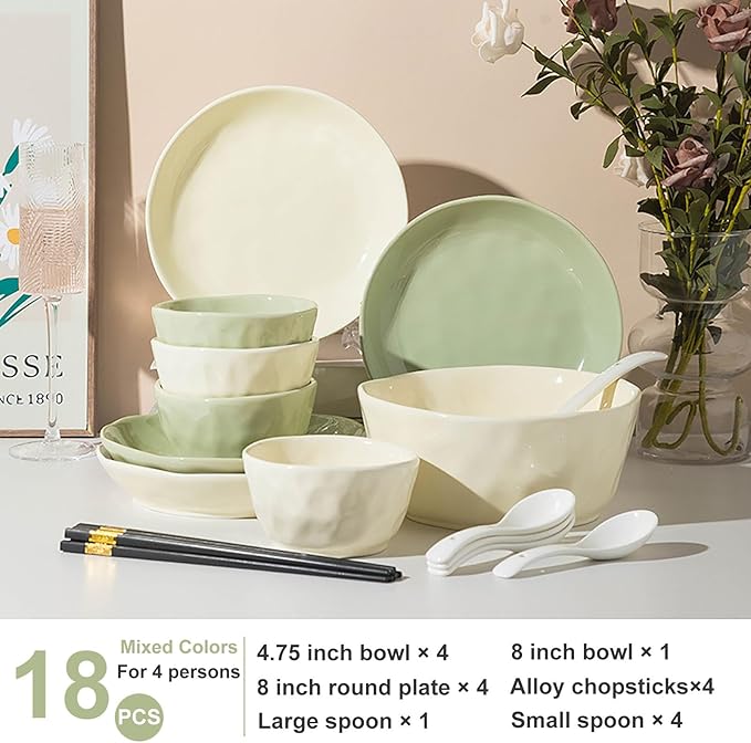 18 Pieces Plate and Bowl Set for 4 Cream Style Kitchen Dishes Set High Temperature Firing Dinnerware Sets Thick Durability Dishware Sets Easy to Heat and Clean Two Combinations of Round/Square Plate(R