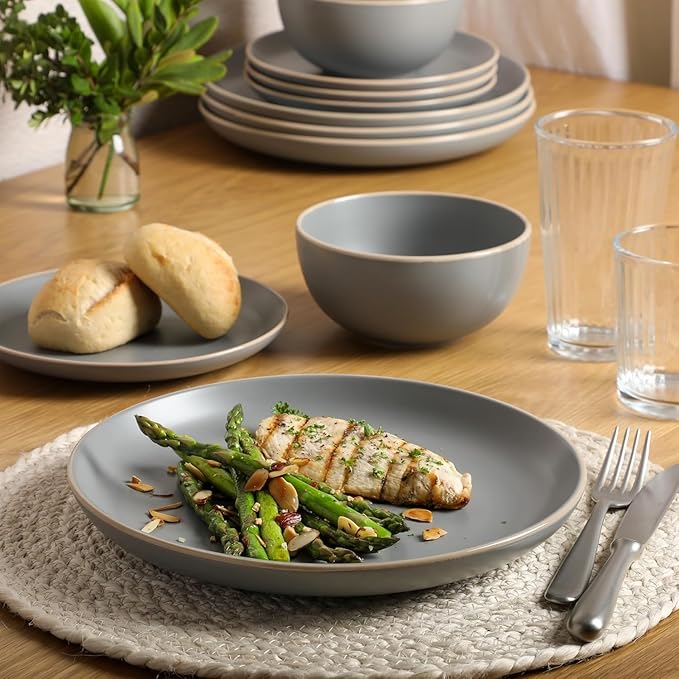 12-Piece Matte Gray Stoneware Dinnerware Set – Modern Plates Bowls &amp Mugs for Everyday Dining (Matte Grey)