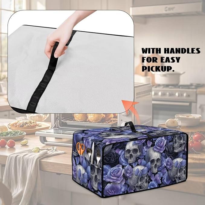 Skull Rose Print Toaster Oven Air Fryer Cover for Kitchen Counter Stain Resistant Smart Microwave Oven Protector Washable Toaster Dust Cover with Pockets Blue