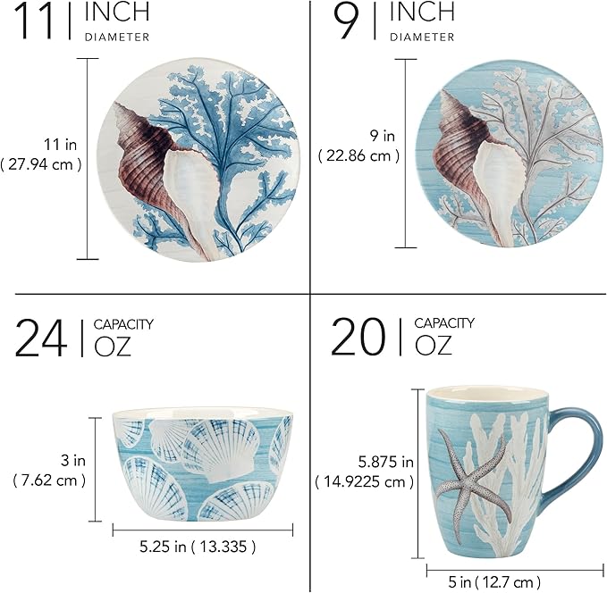 16-Piece Dinnerware Set Service for 4 Blue Brown White Coastal Modern Contemporary Round 16 Piece Dishwasher Safe Microwave
