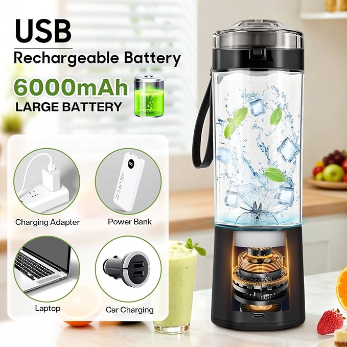 MIAOKE 2026 Upgrade 700 ML Portable Smoothie Blender Rechargeable Personal Blende Contains both Automatic and Pulse Functions with Travel Cup and Lid 6 Sharp Blades Mixer Blender Machine Black