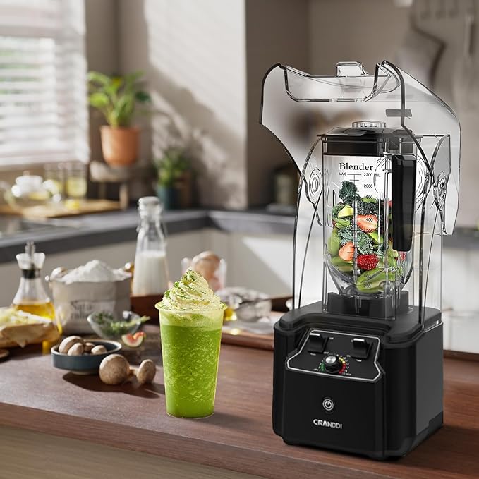 CRANDDI Quiet Commercial Blender with Soundproof Shield 2200 Watt Professional Blenders for Kitchen with 80oz Jar and Self-Cleaning High-Speed Blenders K90 Black