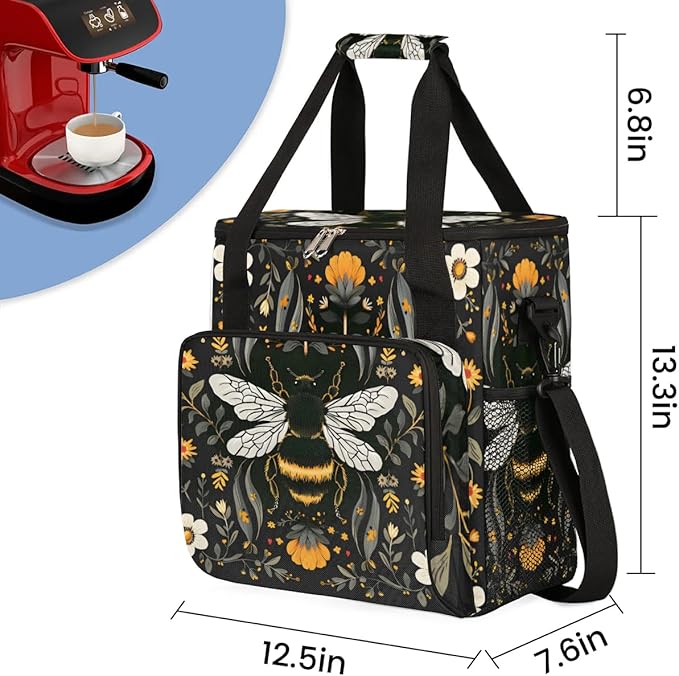 Bee Insect Flower Leaf Coffee Maker Carring Bag Travel Carrying Storage Tote Bag Compatible with Keurig K-Mini or K-Mini Plus Portable Single Serve Coffee Brewer Case with Pockets for K-cup Pods