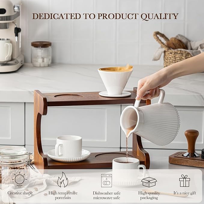 Pour Over Coffee Maker Set 22OZ Ceramic Pour Over Coffee Dripper with Acacia Wood Stand and 5OZ Cups and Saucers Set of 2 Size 02