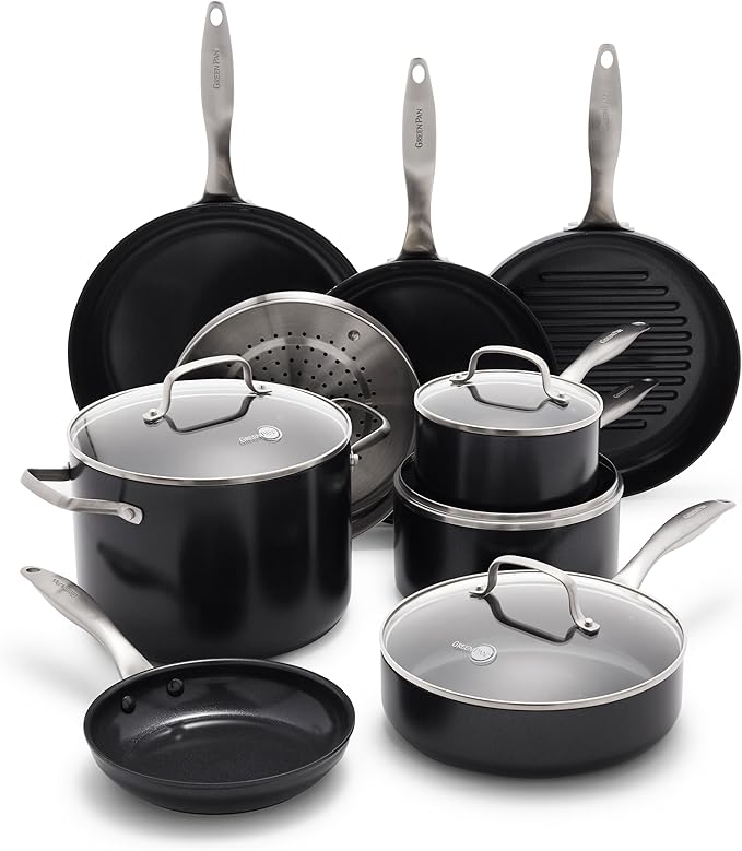 GP Black Pro Infinite8 Ceramic Nonstick 13 Piece Set Hard Anodized Stainless Steel Handle Saute and Saucepans PFAS-Free