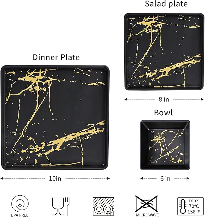 Melamine Dinnerware Sets - 12pcs Square Plates and Bowls Sets For 4 Indoor Outdoor Use Dishwasher Safe Black &amp Gold