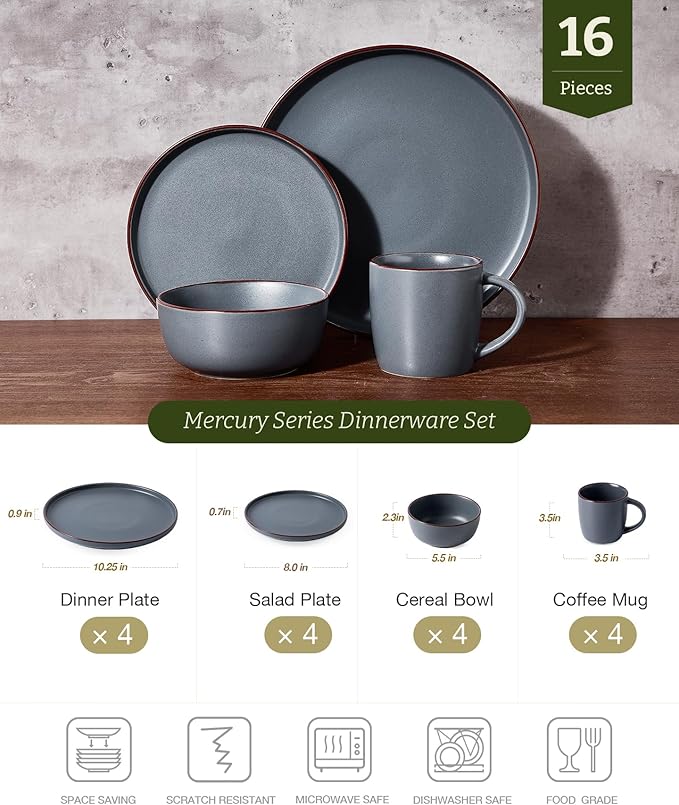 Famiware Mercury Dinnerware Sets with Mugs Service for 4 (16 Pieces) Plates and Bowls Sets Microwave and Dishwasher Safe Dishes Set Charcoal