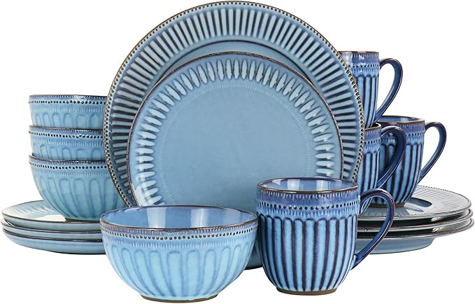 16 Piece Reactive Glaze Stoneware Dinnerware Set – Blue Embossed Dish Set with Service for 4 – Microwave &amp Dishwasher Safe Plates and Bowls