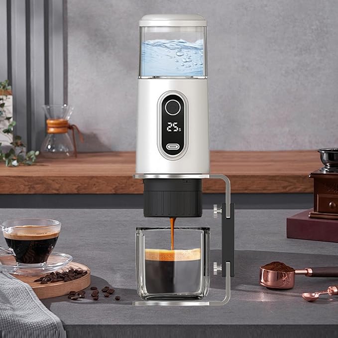 Portable Coffee Maker Espresso Machine with 2500mAh Battery and Type C Charging Compatible with Coffee Capsules and Grounds for Travel Camping Hiking Office (white)