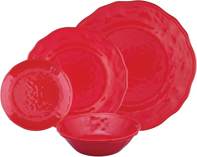 UPware 16 Piece Holiday Red Melamine Dinnerware Sets Outdoor Dishes Set Plates and Bowls Sets Christmas Decorations Service for 4 Red