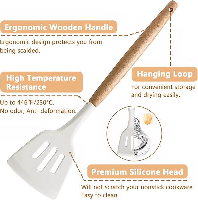 Kitchen Cooking Utensils Set 6Pcs Non-Stick Silicone Kitchen Utensils Spatula Spoon Turner Ladle Pasta Server Heat Resistant Wooden Handle Silicone Cooking Gadgets Sets for Cookware &amp Baking