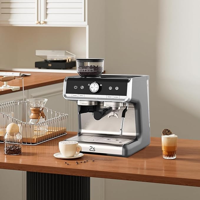 Towallmark Espresso Machine with Grinder 20 Bar Professional Coffee Maker for Home Milk Frother Removable Water Tank Steam Wand Perfect for Espresso Cappuccino Latte