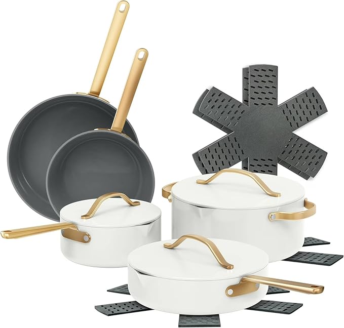 Nonstick Ceramic Cookware Set (12 Piece) Pots Frying Pans Lids and Kitchen Storage Oven Safe Pan Set &amp Compatible with All Stovetops - (White Icing)