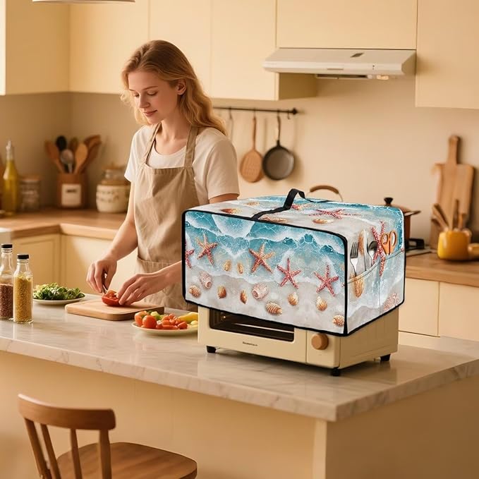 Beach Starfish Shells Toaster Oven Cover Waterproof Air Fryer Compatible for Air Fryer/French Door 360 Air Fryer Toaster Oven Combo With Organizing Side Pockets